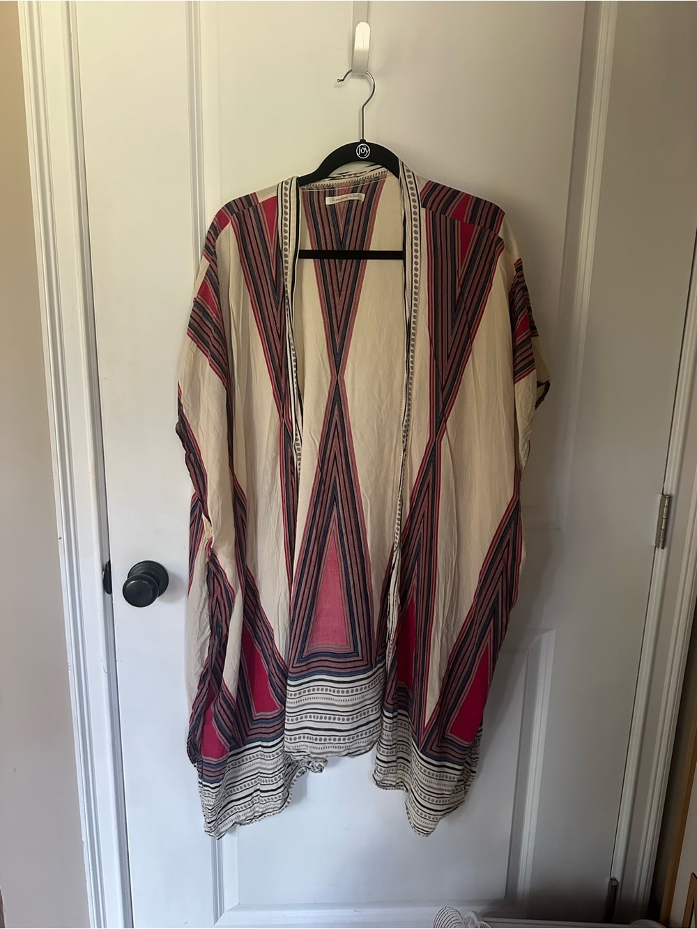 Cream and Red Geometric Open-Front Kimono Top